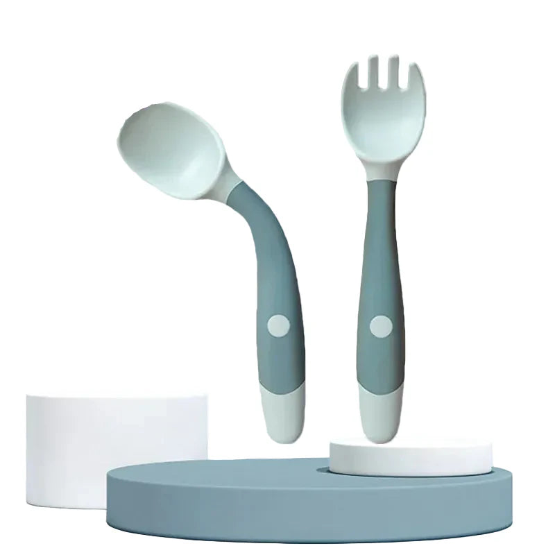 Kids Baby Spoon Fork Soft Bendable Silicone Scoop Fork Kit Tableware