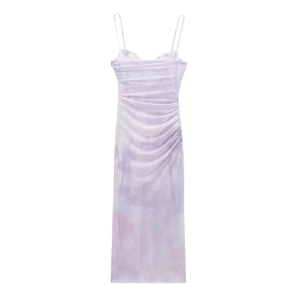 Women Casual Pleated Printed Silk Mesh Dress