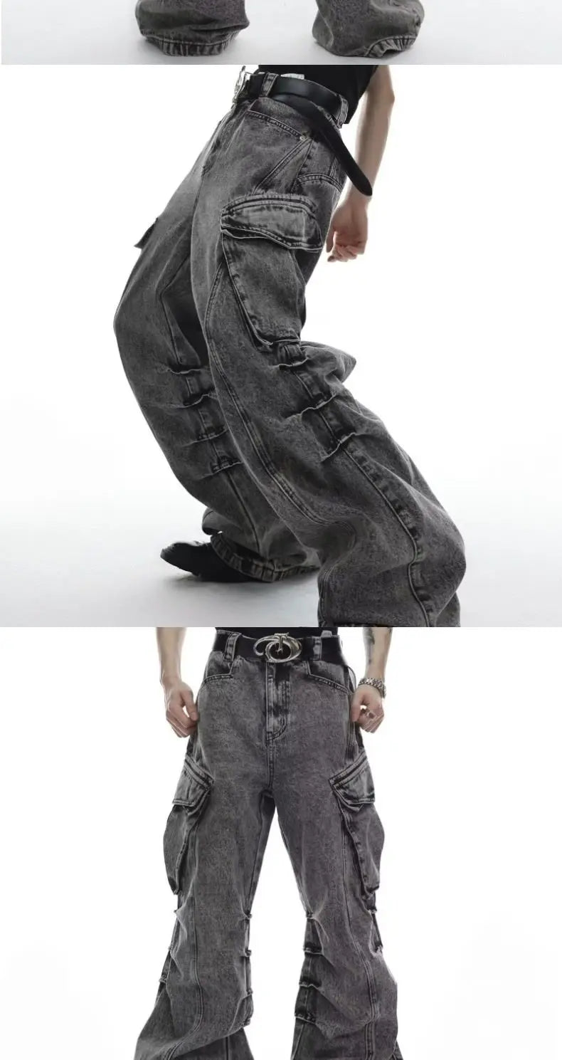 Men Casual Washed Straight Wide Leg Jeans
