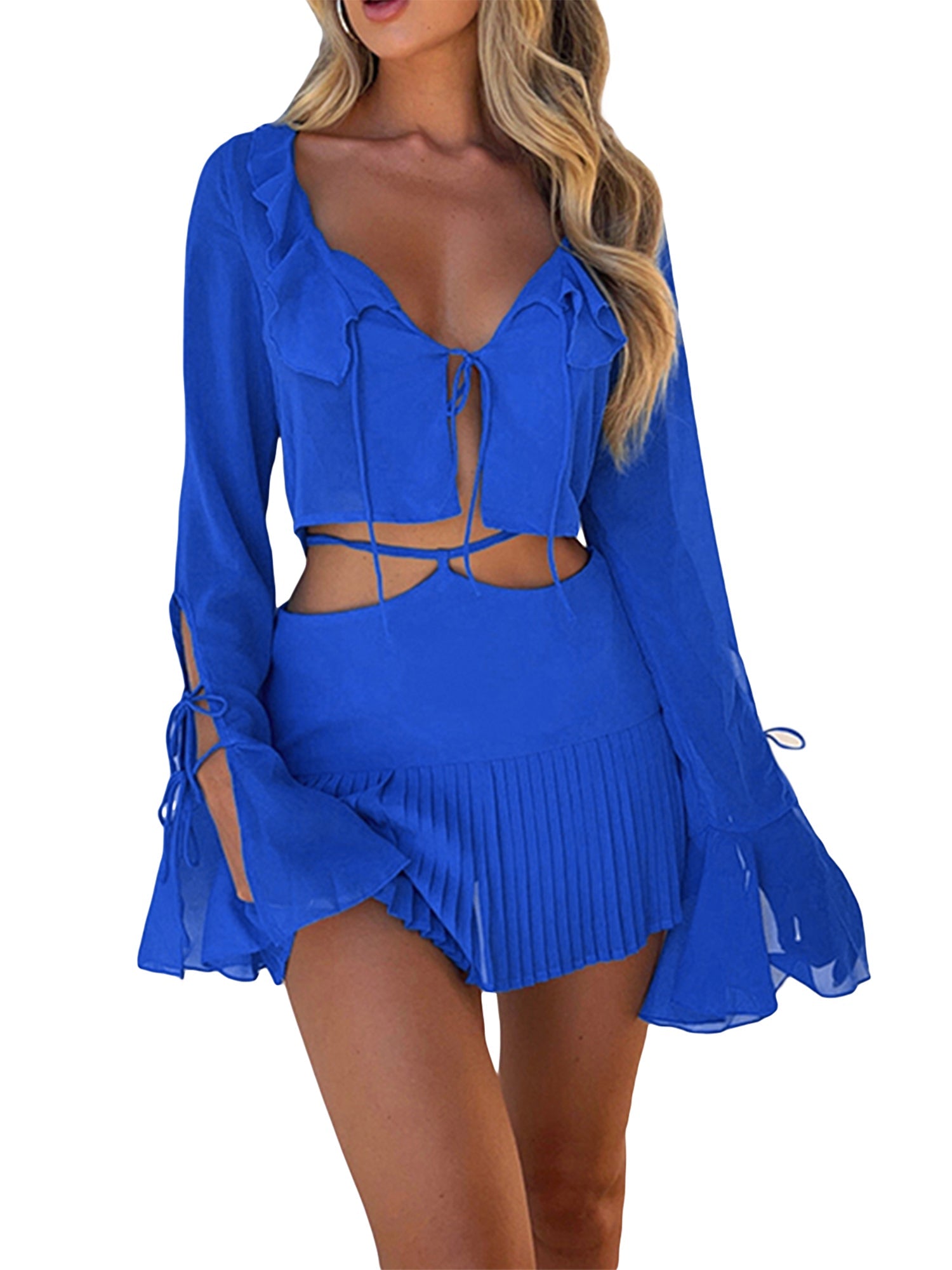 Women Sheer Chiffon Ruffle Tie Up Cardigan + Mini Skirt Outfits