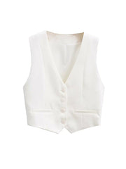 Women Vintage Cropped V Neck Sleeveless Waistcoat