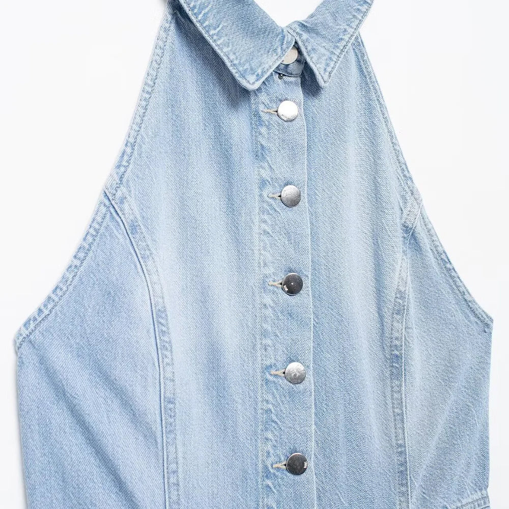 Women Halter Wide Leg  Light Denim Jumpsuit