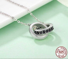 Sterling Silver 925 Minimalist Geometric Double Circle Black CZ Pendant Necklace