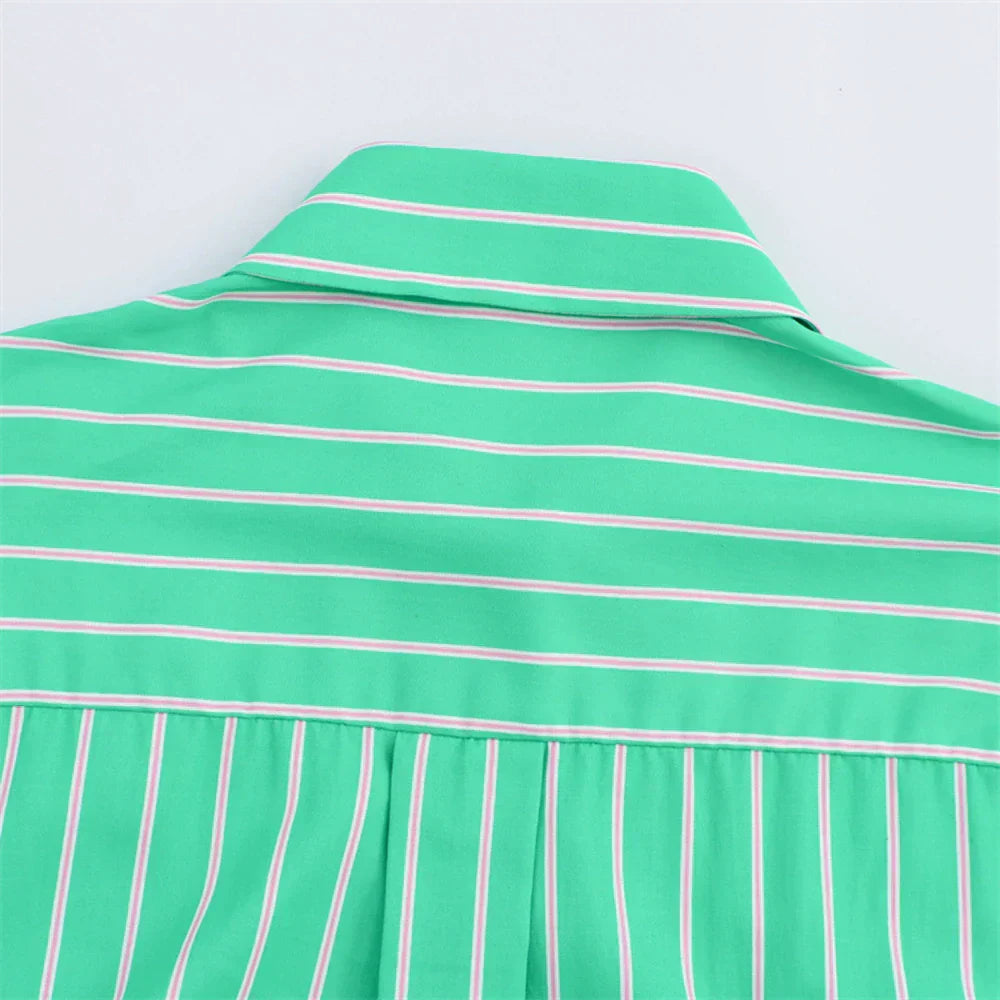 Women Green Long Sleeve Striped Collar Shirts