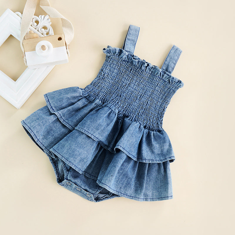 Kids Baby Girl Sleeveless Ruffle Denim Suspender Romper