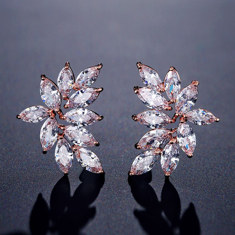 Woman Cubic Zircon Crystal Flower Stud Earrings