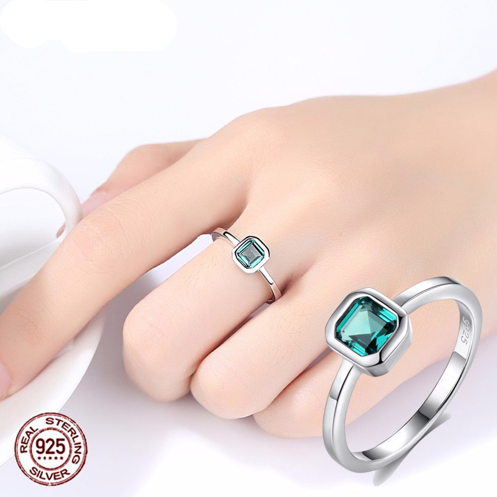 Sterling Silver 925 Classic Square Emerald Gemstone Ring