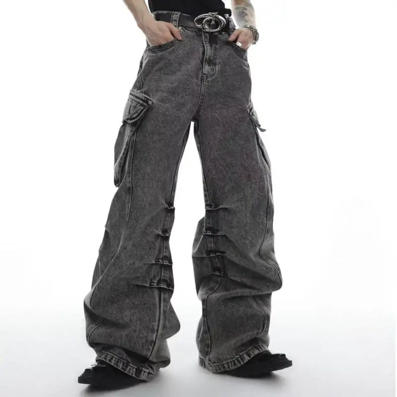 Men Casual Washed Straight Wide Leg Jeans