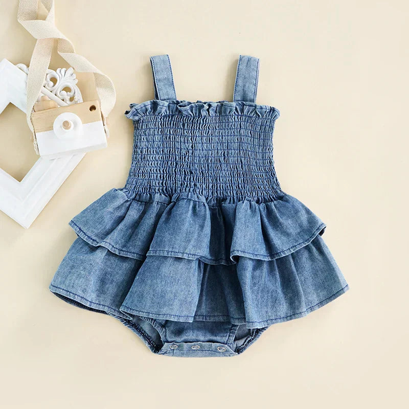 Kids Baby Girl Sleeveless Ruffle Denim Suspender Romper
