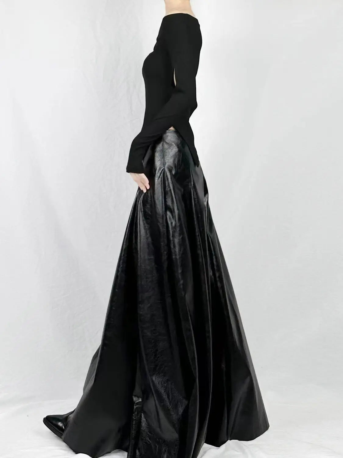 Women Black Winter Leather Flared A-line Skirt