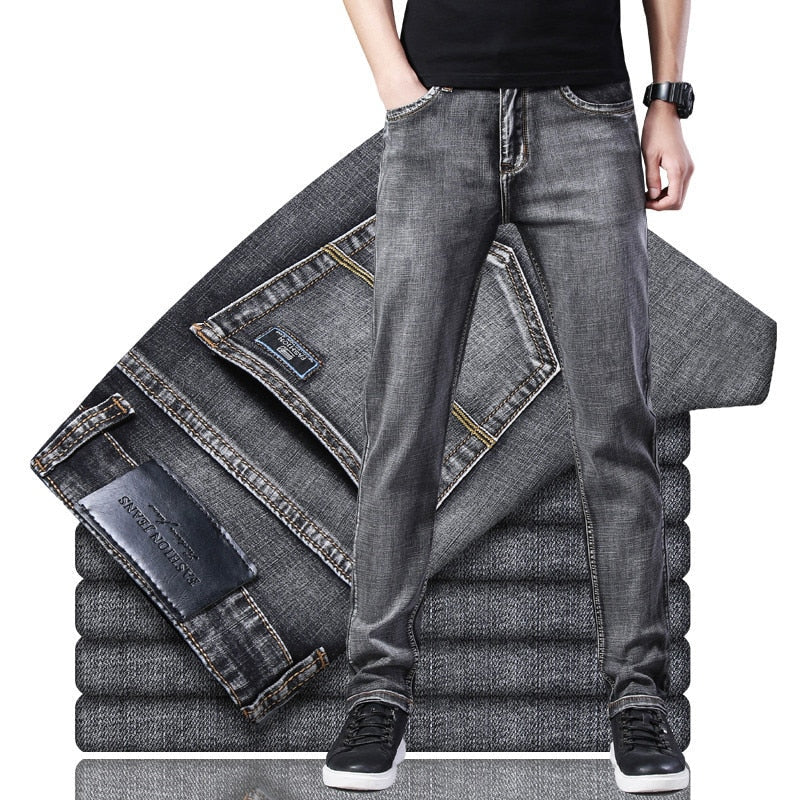Men Grey Thin Straight Stretch Denim Jeans