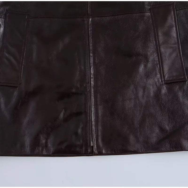 Women Leather High Waist A-line Skirt Suits