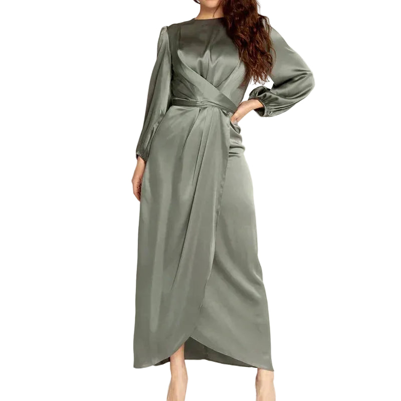 Women Satin Long Sleeve Front Tie Dress