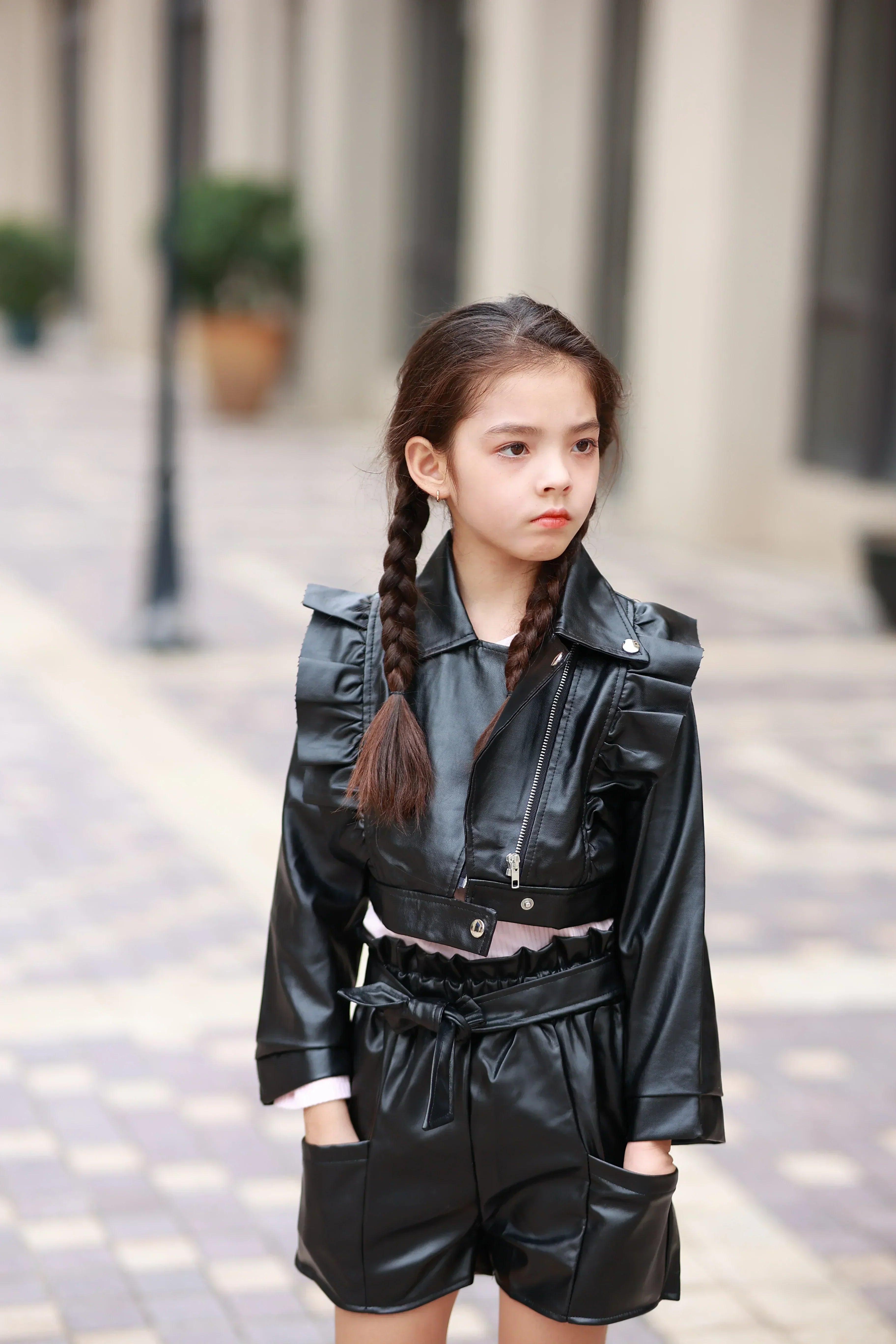 Kids Girl Ruffled Lapel Zipper Leather Motorcycle Jacket + Hat