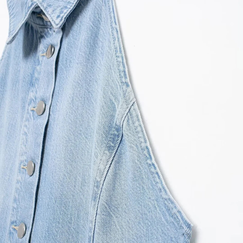Women Halter Wide Leg  Light Denim Jumpsuit