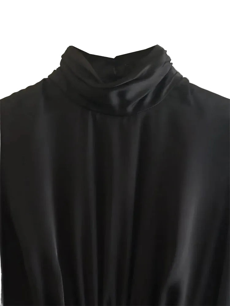 Women Black Satin Smock Crop Blouse
