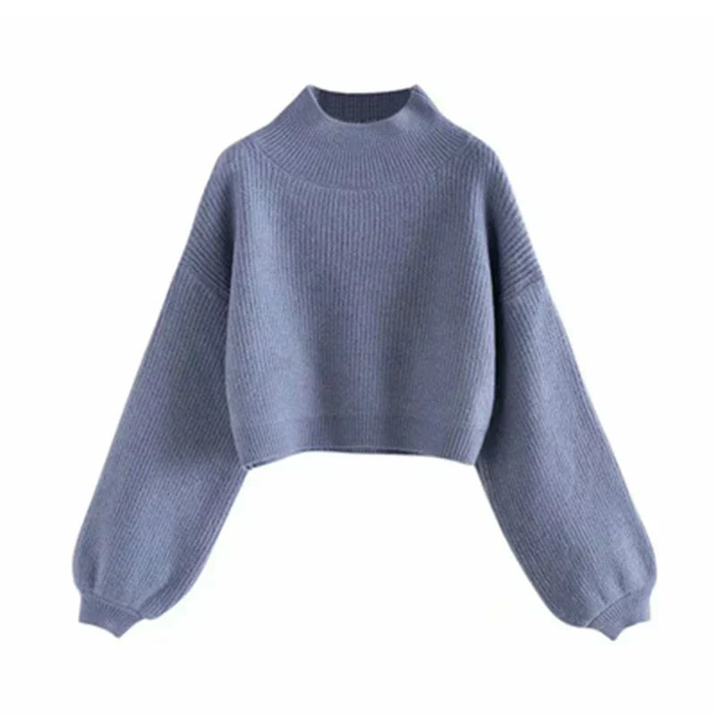Women Thick Knitted Turtleneck Lantern Sleeve Short Pullover Sweater