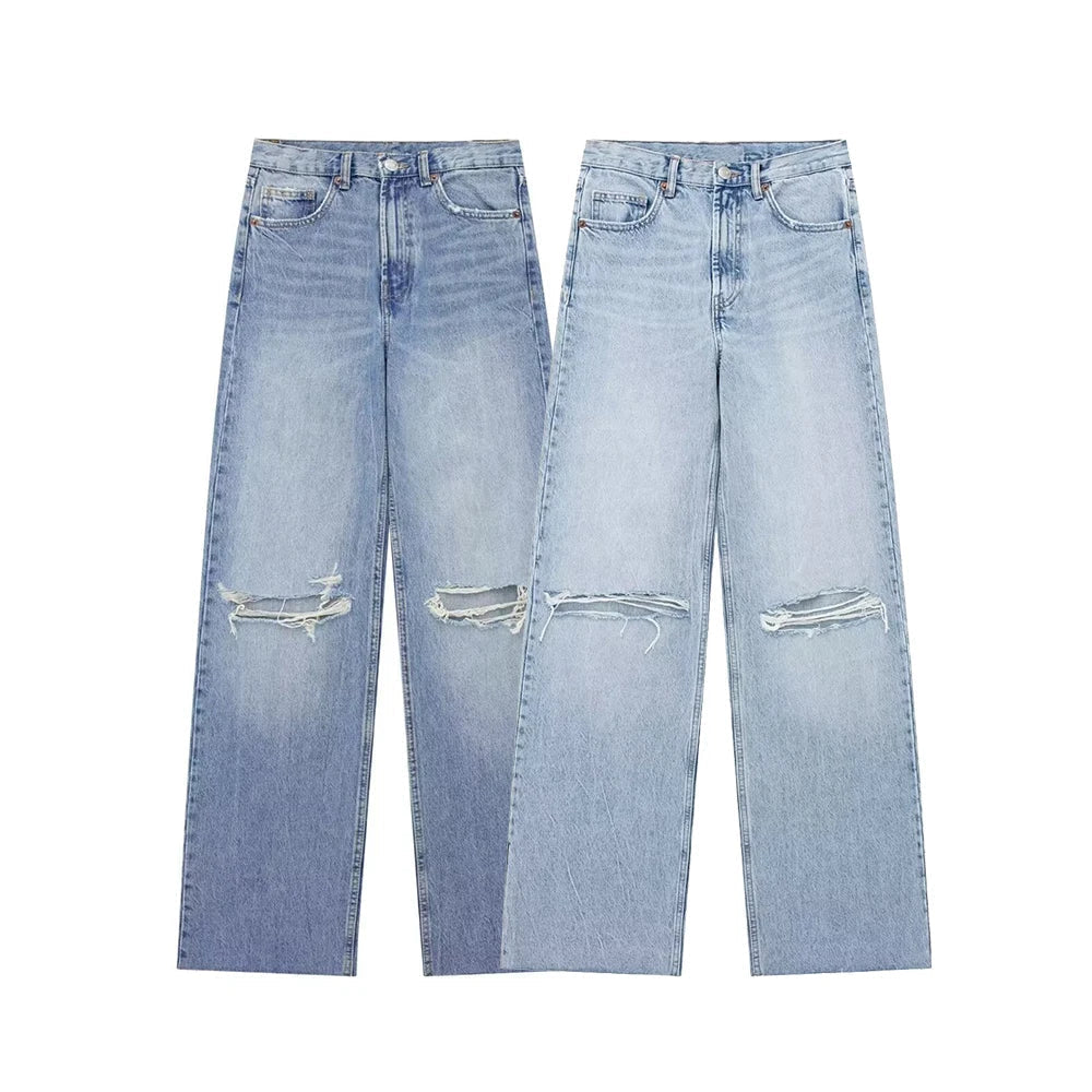 Women Blue Denim High Waist Wide Leg Ripped Jeans