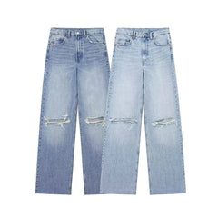 Women Blue Denim High Waist Wide Leg Ripped Jeans