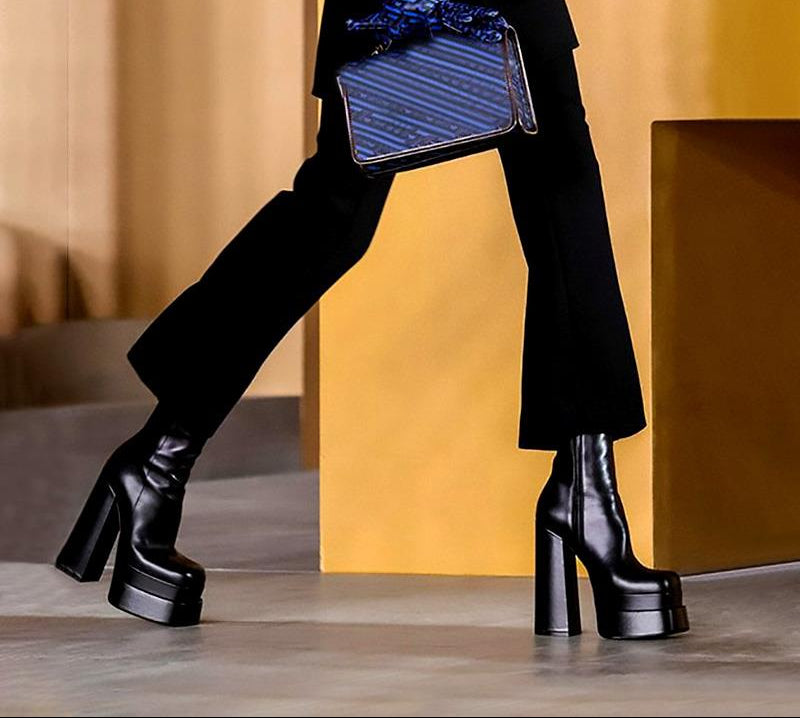Women Genuine Leather Black Long Platform Boots