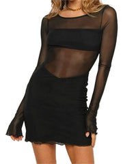 Women Black Mesh Party Dress Long Sleeve Dress