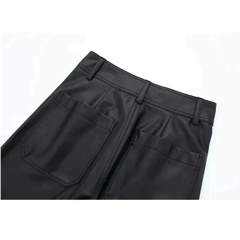 Women Casual Black Leather High Waist Wide Leg Pants