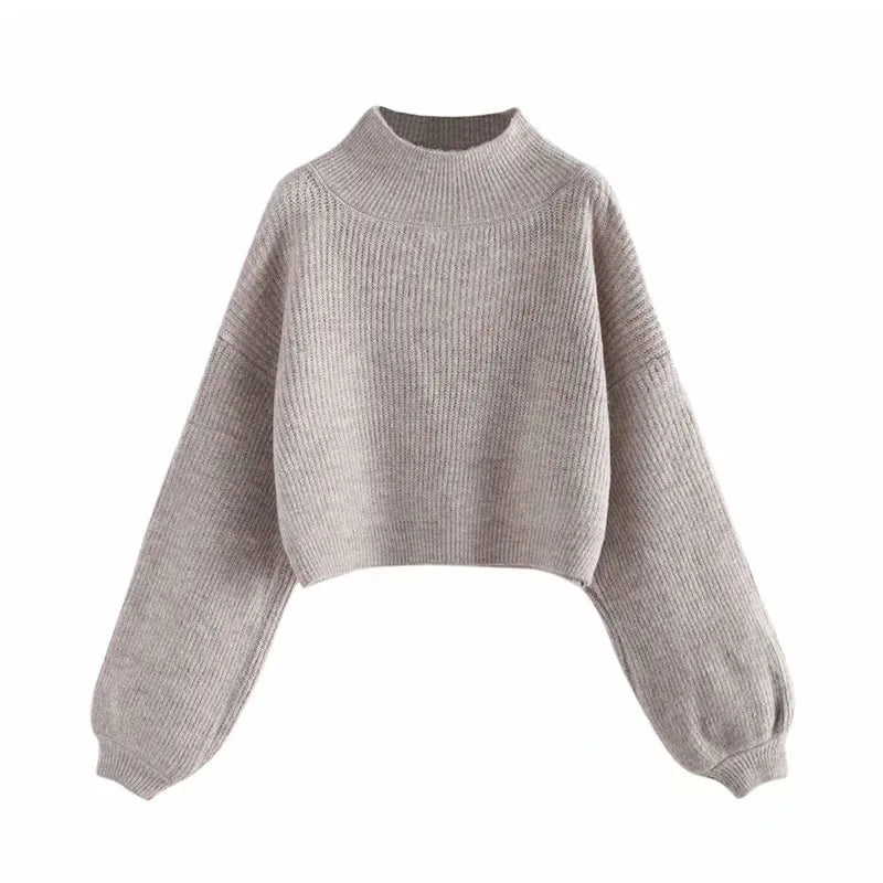 Women Thick Knitted Turtleneck Lantern Sleeve Short Pullover Sweater
