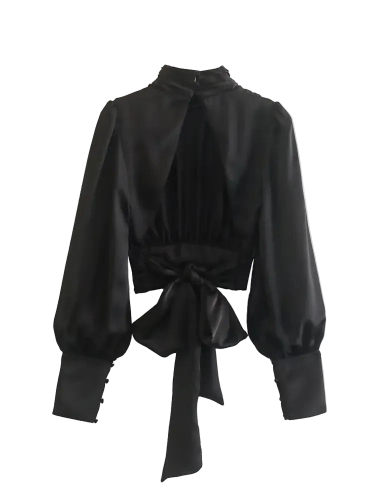 Women Black Satin Smock Crop Blouse
