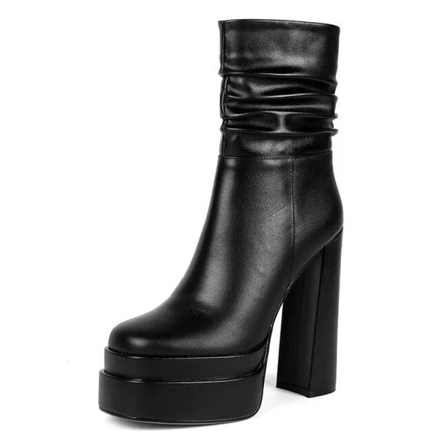 Women Genuine Leather Black Long Platform Boots