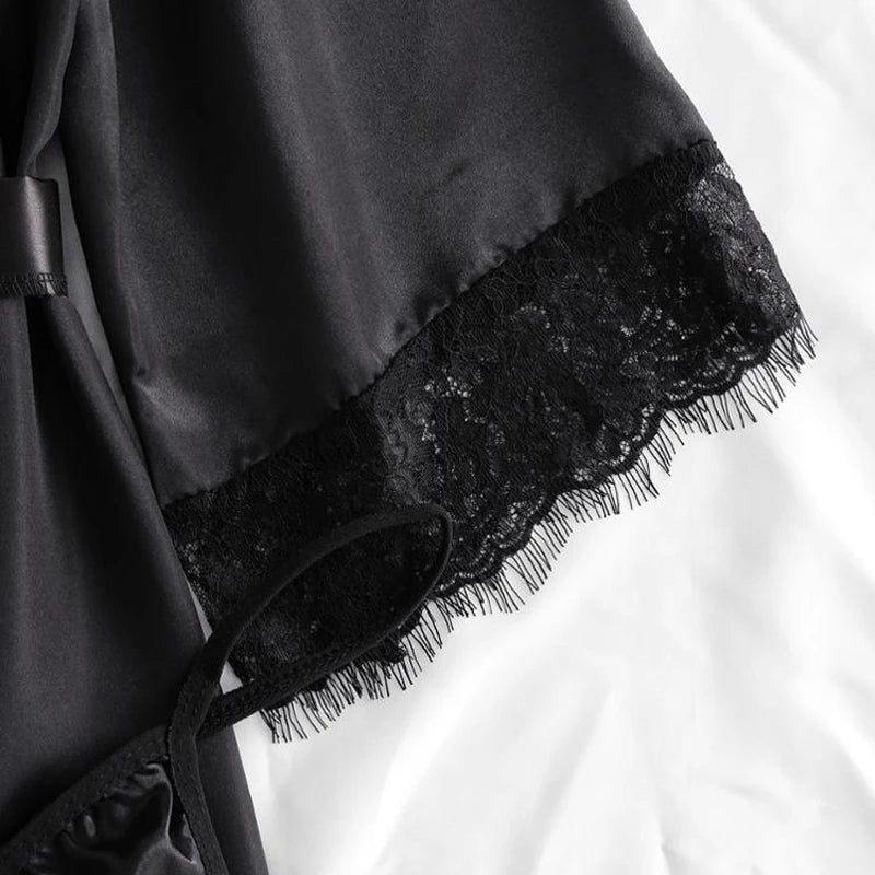 Women Satin 4-piece Lace Silk Pajamas Set