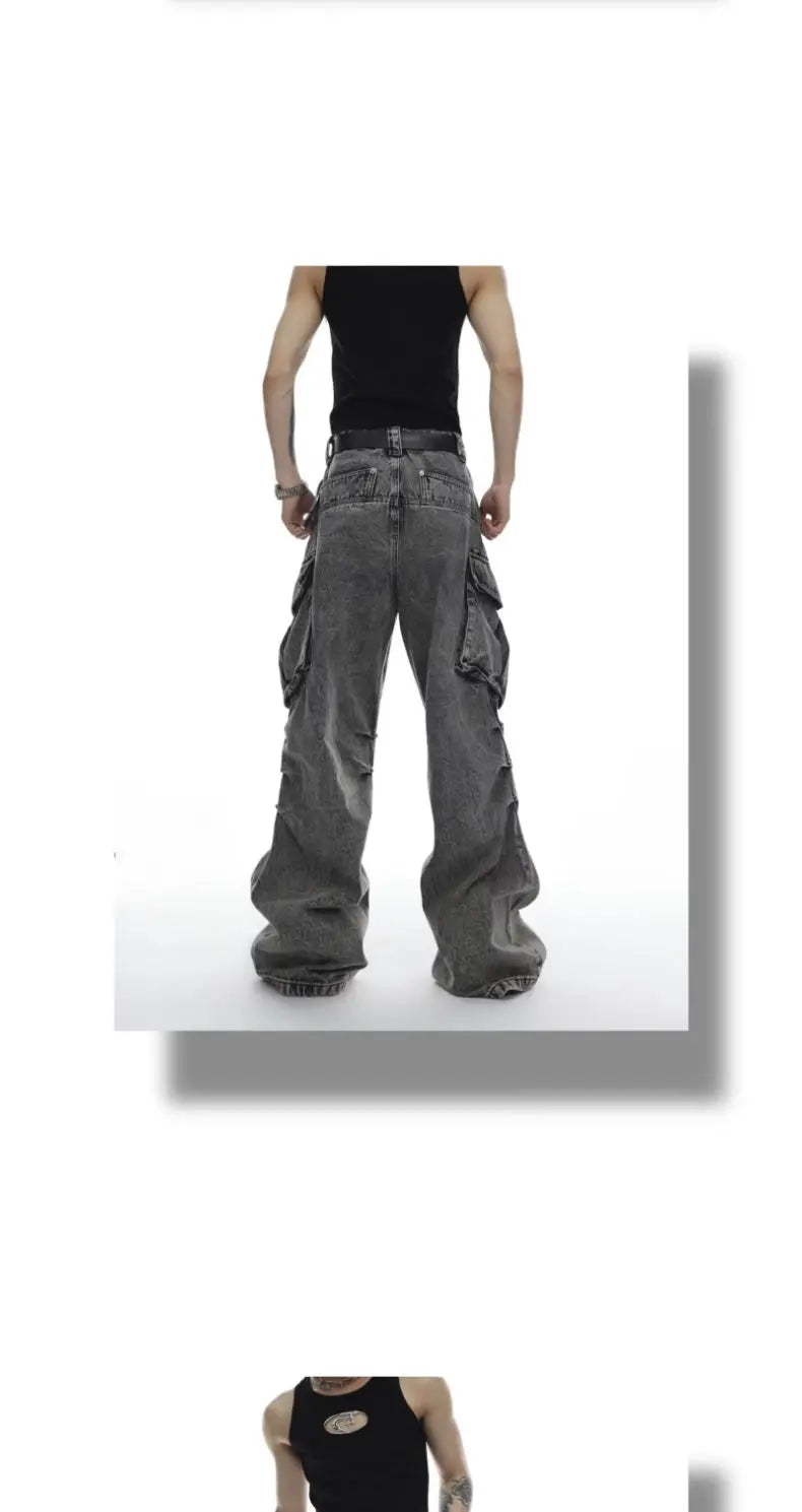 Men Casual Washed Straight Wide Leg Jeans