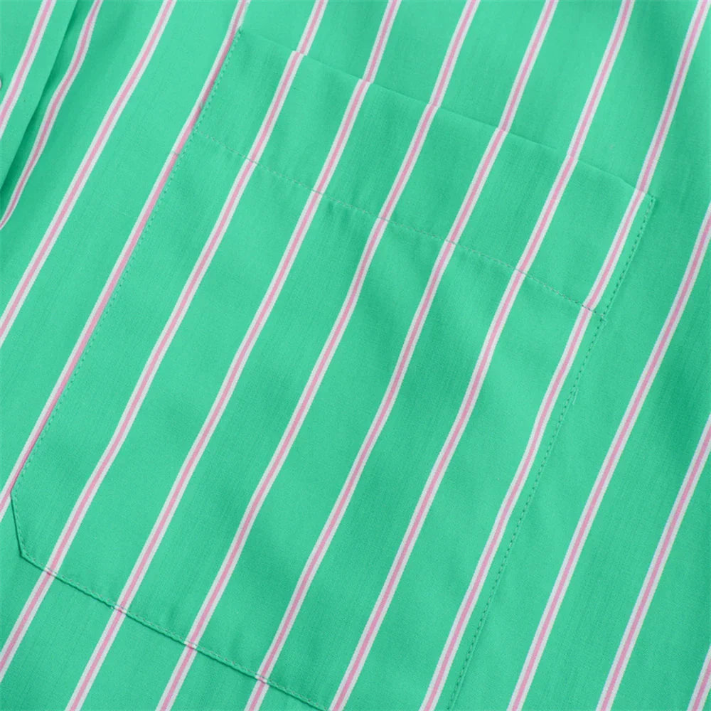 Women Green Long Sleeve Striped Collar Shirts