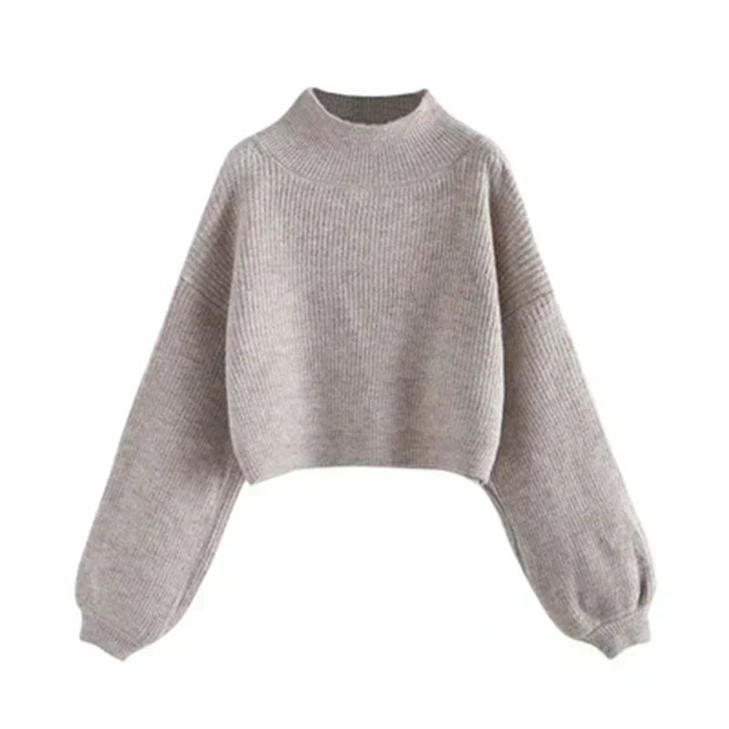 Women Thick Knitted Turtleneck Lantern Sleeve Short Pullover Sweater
