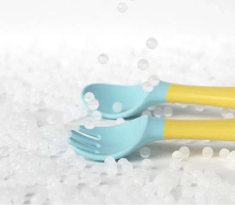 Kids Baby Spoon Fork Soft Bendable Silicone Scoop Fork Kit Tableware