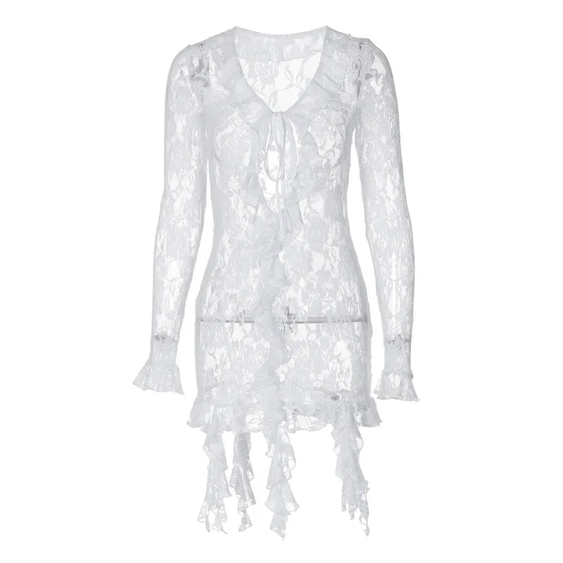 Women Lace See Through Deep V-neck Bodycon Mini Dress