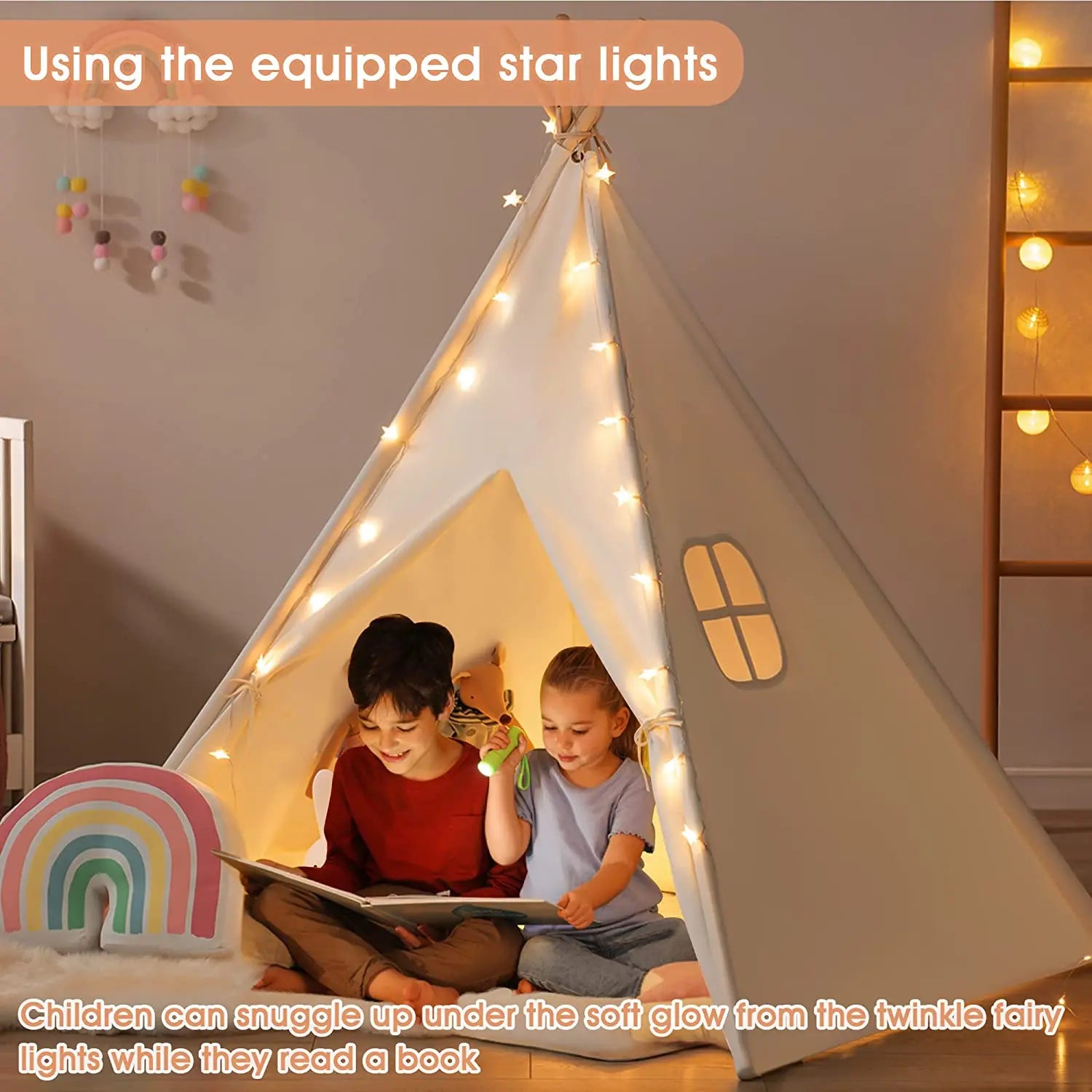 Kids Portable Tipi Cabana Tents with Carpet LED Lights