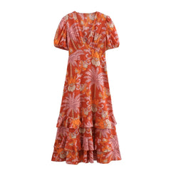 Women Casual Printed Pleats Short Sleeve Midi Dress