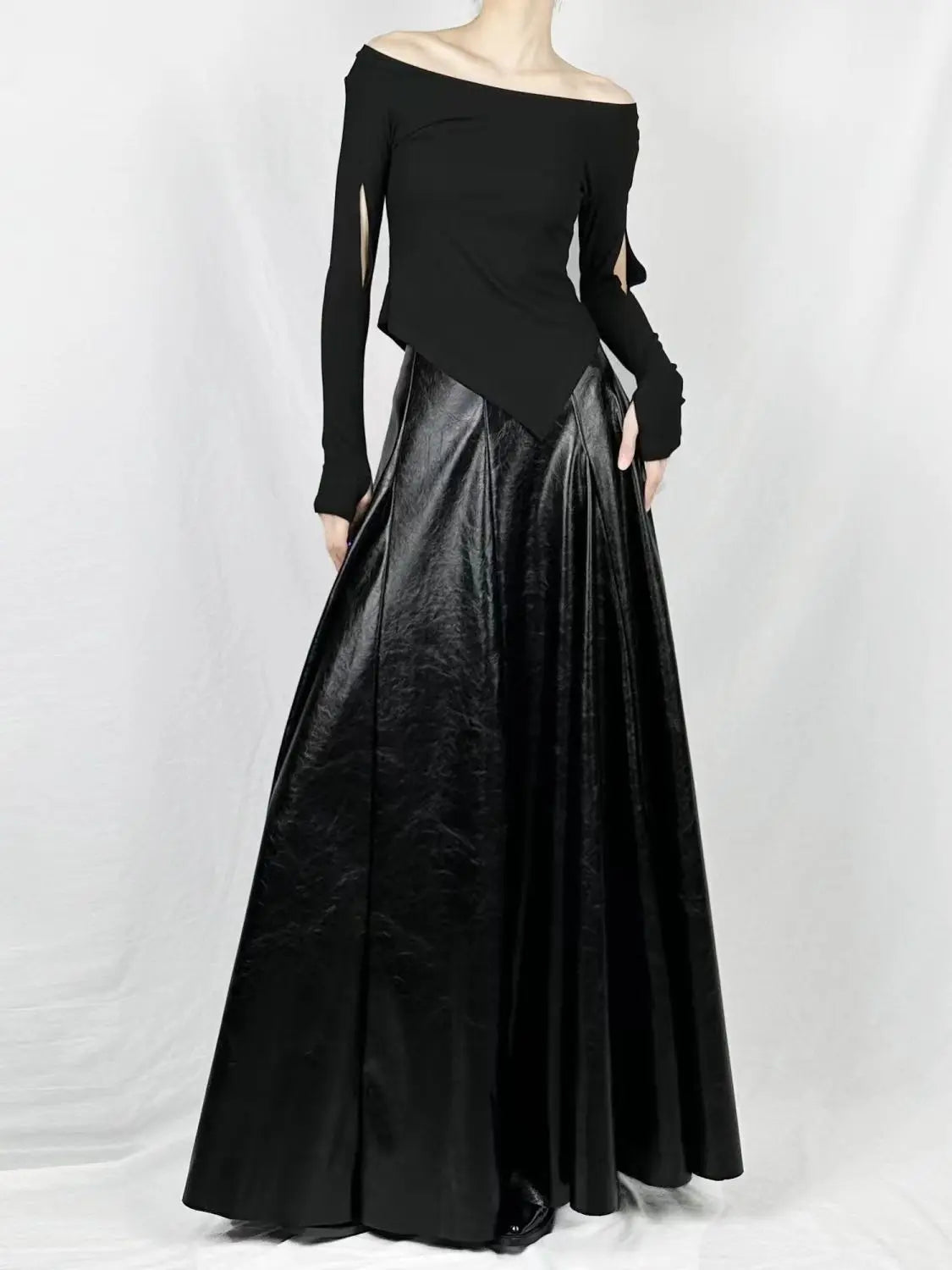 Women Black Winter Leather Flared A-line Skirt