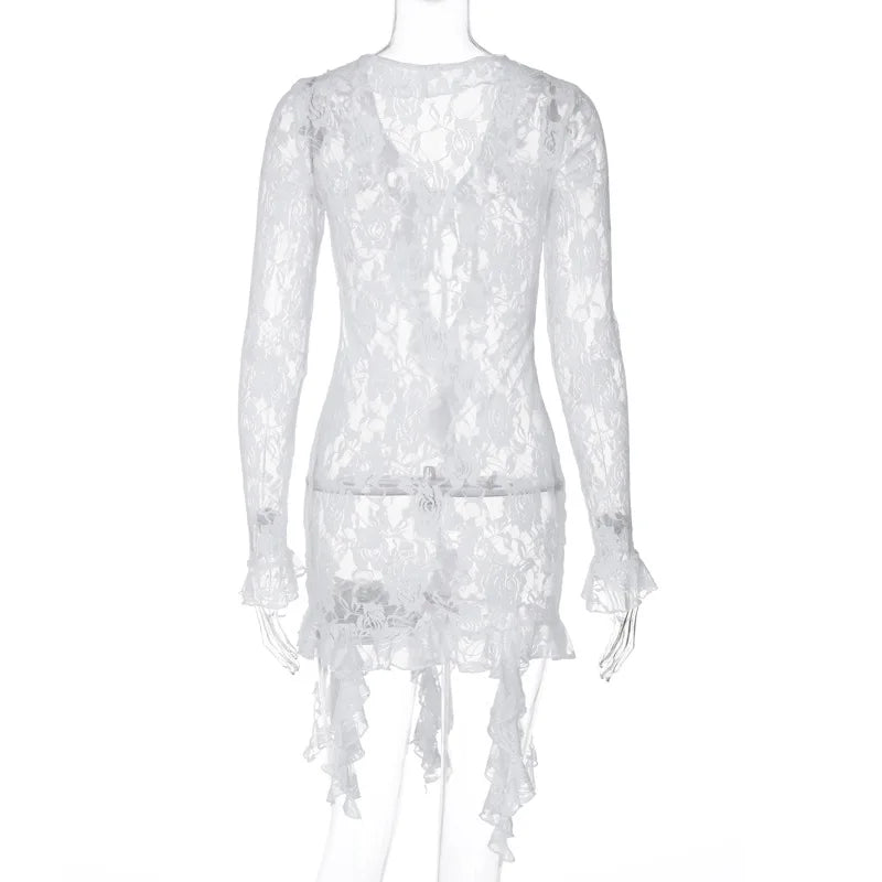 Women Lace See Through Deep V-neck Bodycon Mini Dress