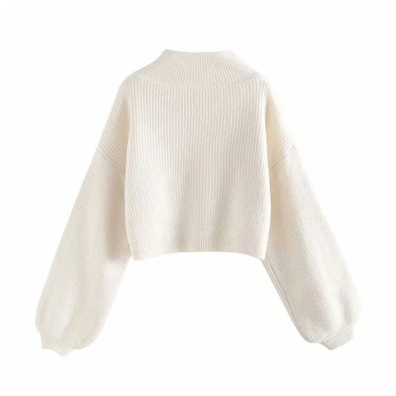Women Thick Knitted Turtleneck Lantern Sleeve Short Pullover Sweater