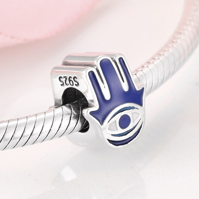 Women 100% Real 925 Silver Blue Enamel Fatima Hand Bead Charms