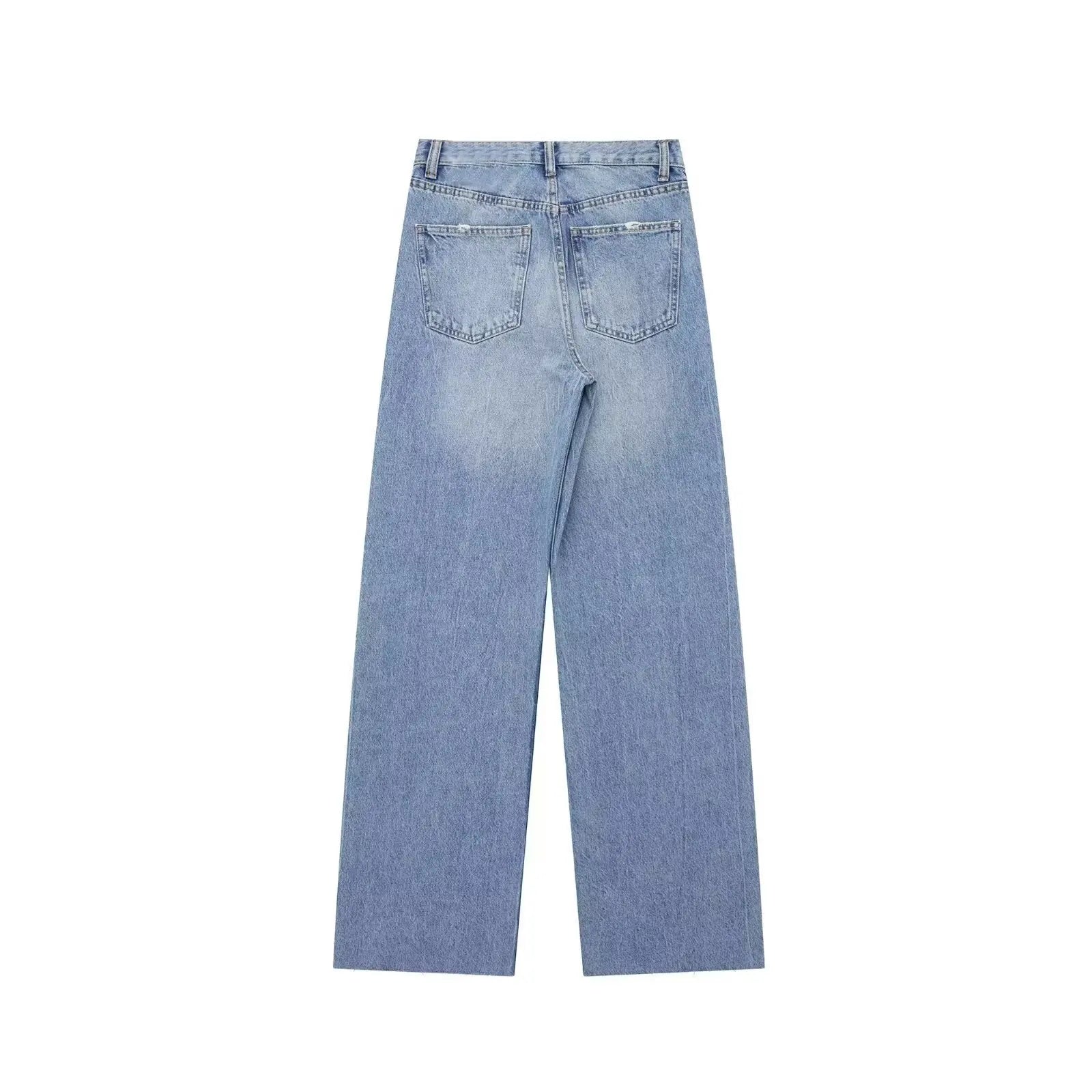 Women Blue Denim High Waist Wide Leg Ripped Jeans