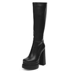 Women Genuine Leather Black Long Platform Boots