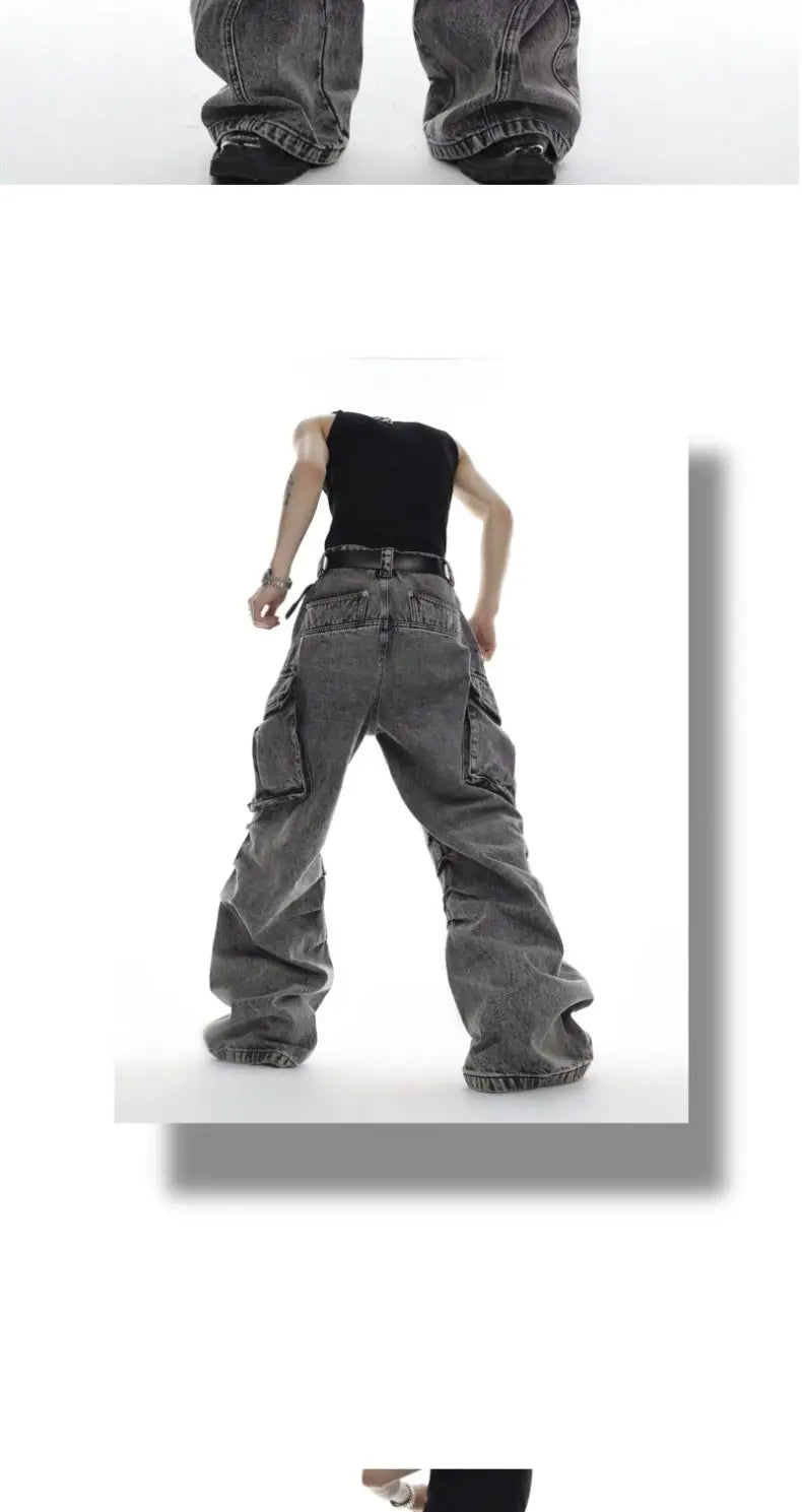 Men Casual Washed Straight Wide Leg Jeans