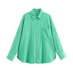 Women Green Long Sleeve Striped Collar Shirts