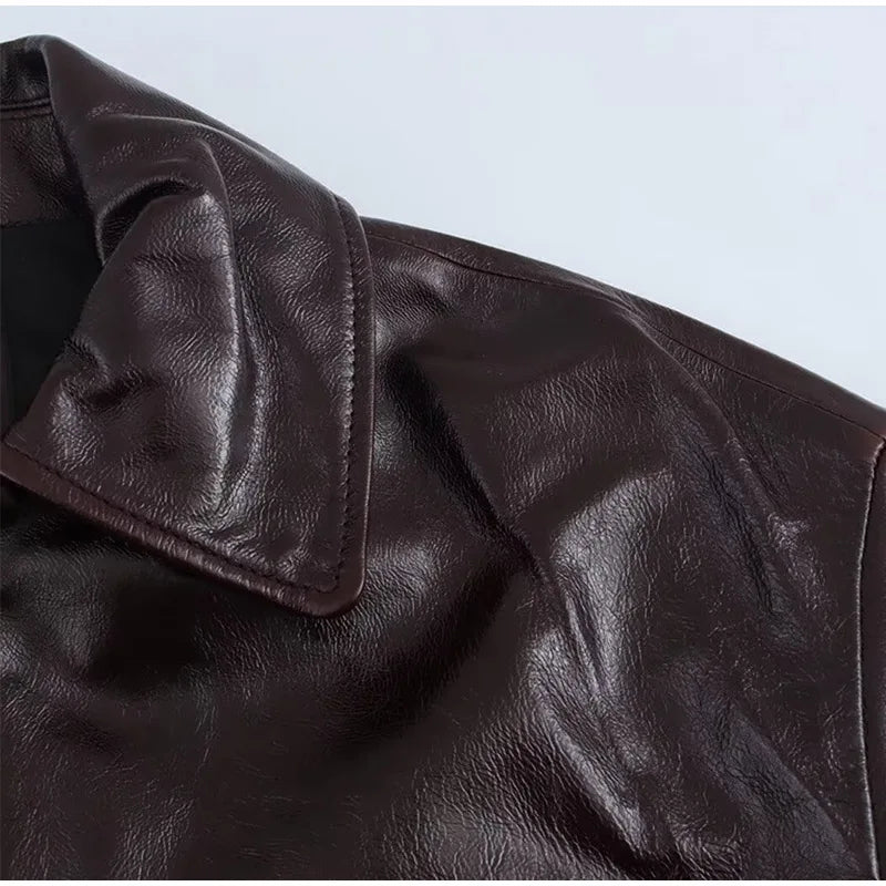 Women Leather High Waist A-line Skirt Suits