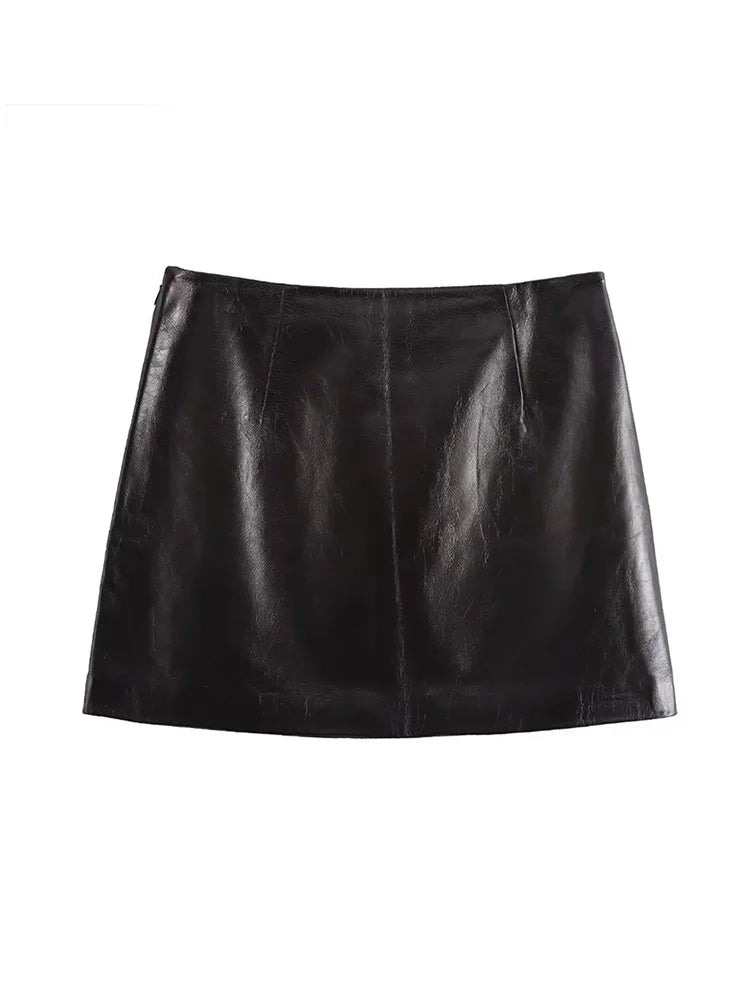 Women Leather High Waist A-line Skirt Suits