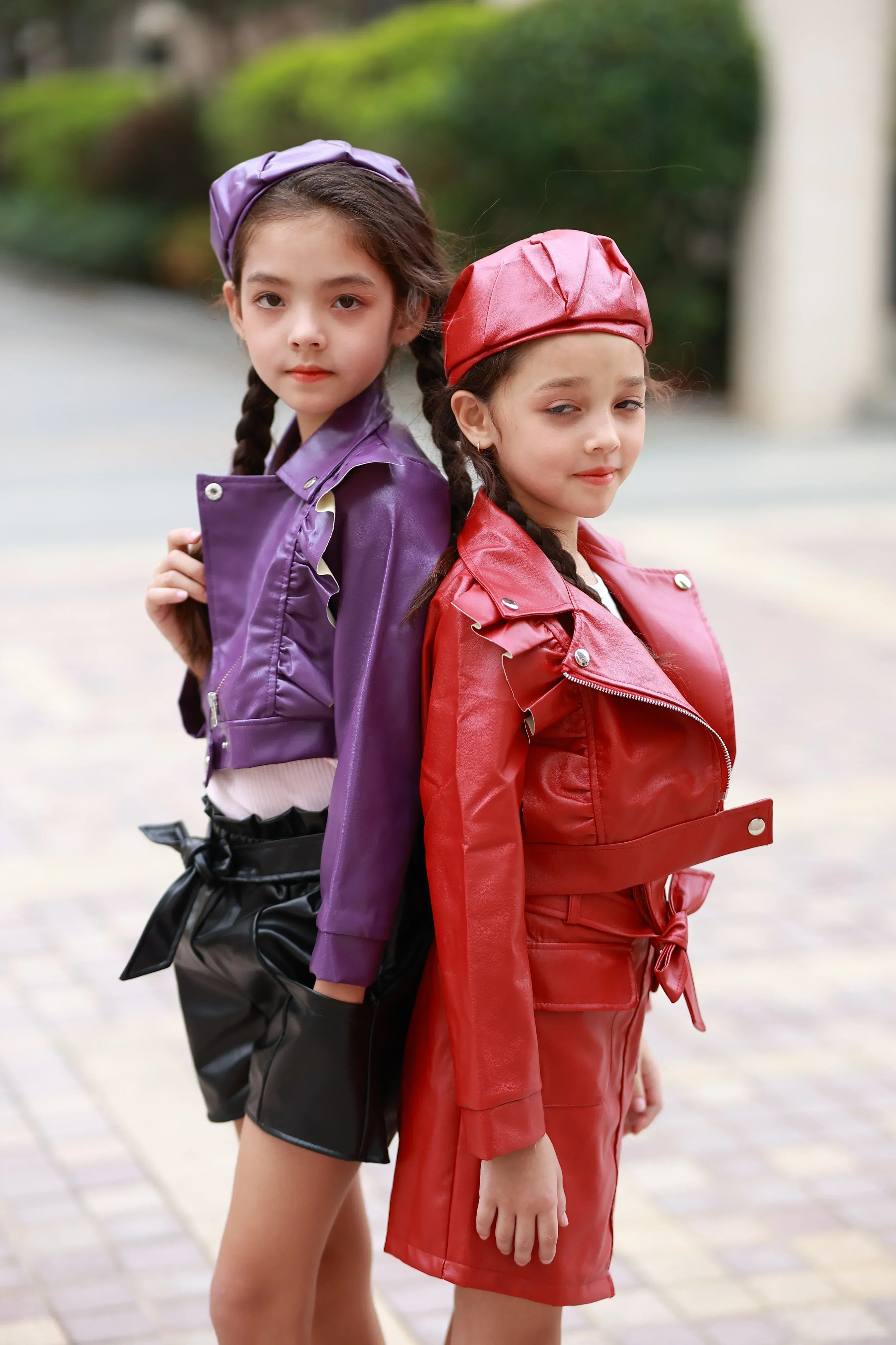Kids Girl Ruffled Lapel Zipper Leather Motorcycle Jacket + Hat