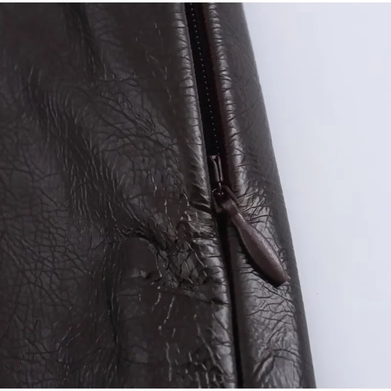 Women Leather High Waist A-line Skirt Suits