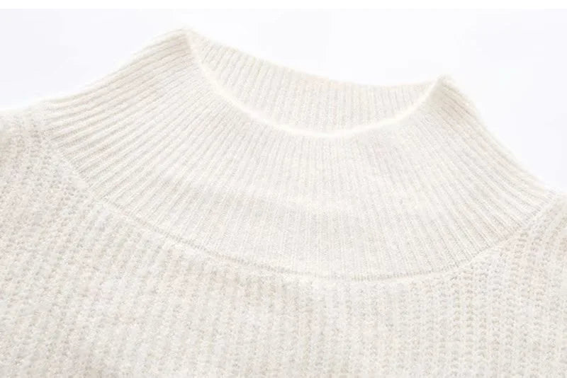 Women Thick Knitted Turtleneck Lantern Sleeve Short Pullover Sweater